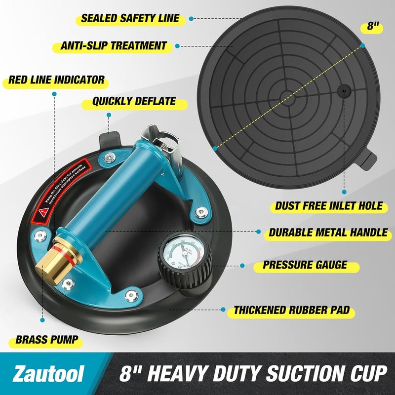 Zautool Glass suction cups, Heavy Duty Vacuum Suction Cup with Metal Handle and Brass Pump for Granite & Glass Lifting, Hand-held Lifter with Pressure Gauge, 480lbs Load Capacity(2 PACK) - Image 2